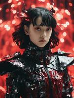 an asian woman with red hair and black armor standing in front of red lights generative ai photo