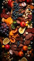 an assortment of dried fruits and nuts on a black background generative ai photo