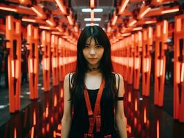 an asian woman standing in front of red neon lights generative ai photo