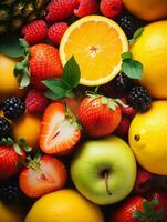 an assortment of fruits and vegetables including oranges strawberries and raspberries generative ai photo