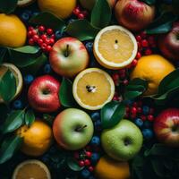 an assortment of fruits and vegetables are arranged on a table generative ai photo