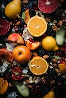 an assortment of fruits and nuts on a black surface generative ai photo