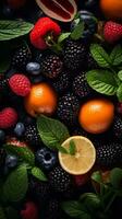 an assortment of fruits and vegetables on a black background generative ai photo