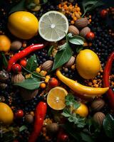 an assortment of fruits and vegetables on a black background generative ai photo