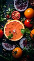 an assortment of fruits and vegetables on a black background generative ai photo