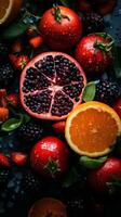 an assortment of fruits and vegetables on a black surface generative ai photo