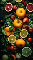 an assortment of fruits and vegetables on a black background generative ai photo