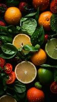 an assortment of fruits and vegetables arranged on a table generative ai photo