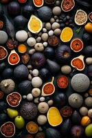 an assortment of fruits and vegetables on a black background generative ai photo