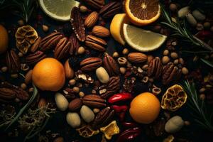 an assortment of nuts and oranges on a black background generative ai photo