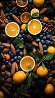 an assortment of oranges blueberries almonds and other fruits generative ai photo