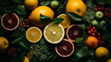 an assortment of oranges lemons limes and other citrus fruits on a black background generative ai photo