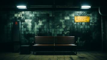 an empty bench in a dark subway station generative ai photo