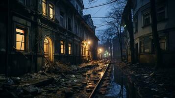 an empty street at night with broken windows and rubble on the ground generative ai photo