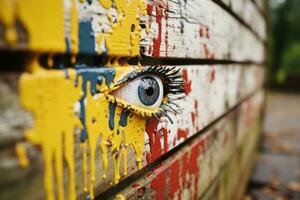 un ojo pintado en un de madera pared generativo ai foto