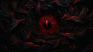 an image of a black and red eye surrounded by black and red birds generative ai photo