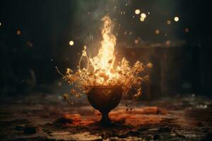 an image of a burning vase with flowers in it generative ai photo