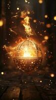 an image of a burning lantern on a wooden floor generative ai photo