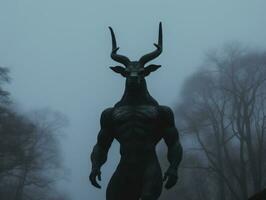 an image of a deer statue in a foggy forest generative ai photo