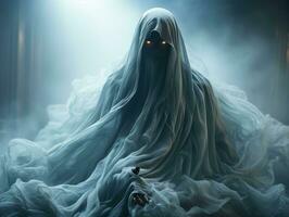 un imagen de un fantasma en un blanco túnica generativo ai foto