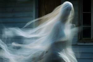 an image of a ghostly woman in a white dress generative ai photo