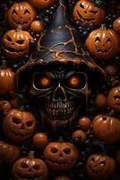an image of a halloween skull surrounded by pumpkins generative ai photo