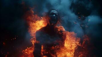 un imagen de un hombre en pie en frente de fuego y fumar generativo ai foto