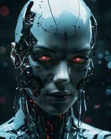 un imagen de un robot con brillante rojo ojos generativo ai foto