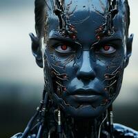 un imagen de un robot con rojo ojos generativo ai foto