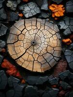 an image of a tree stump surrounded by black and orange rocks generative ai photo