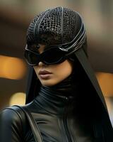 an image of a woman in a black outfit and sunglasses generative ai photo