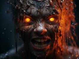 an image of a woman covered in blood with glowing eyes generative ai photo
