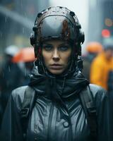 an image of a woman in a helmet in the rain generative ai photo