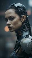 an image of a woman in a robot suit in the rain generative ai photo