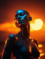 an image of a woman in a wet suit with the sun in the background generative ai photo