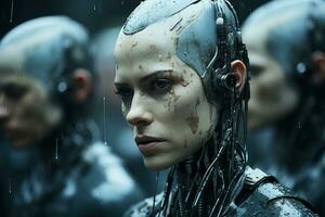 an image of a woman in a robot suit standing in front of a group of other robots generative ai photo