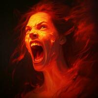 an image of a woman screaming with fire coming out of her mouth generative ai photo