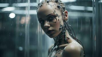 an image of a woman with a robot body in the rain generative ai photo