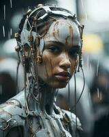 an image of a woman with a robot head in the rain generative ai photo