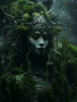 an image of a woman with green plants on her head generative ai photo