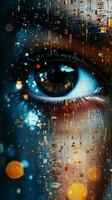 an image of a womans eye with a digital background generative ai photo