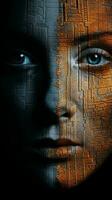 an image of a womans face with a brick wall behind it generative ai photo