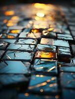 an image of broken glass on the ground with the sun setting in the background generative ai photo