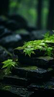 un imagen de verde hojas en un Roca pared en el lluvia generativo ai foto