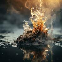 an image of water splashing over a rock with smoke coming out of it generative ai photo