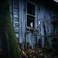 un antiguo abandonado casa en el bosque generativo ai foto