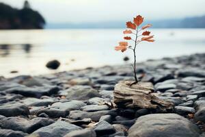 an oak tree is growing out of a log on the shore of a lake generative ai photo