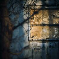 an old abandoned building with a window and a tree in the background generative ai photo