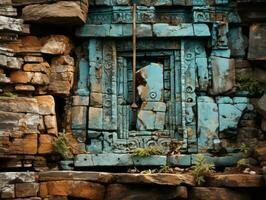 an old blue door in the middle of a stone wall generative ai photo