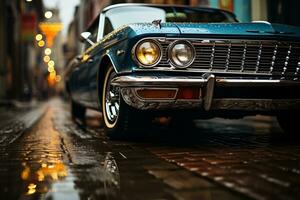 un antiguo azul coche es estacionado en un mojado calle generativo ai foto